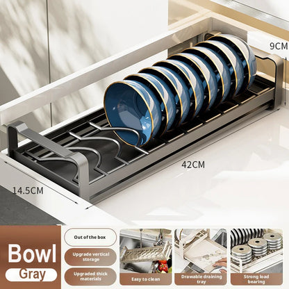 Pull Out Cabinet Dish Storage Rack Stainless Steel Plate Drain Stand Holder Kitchen Drawer Built-in Bowl Rack Basket Organizer
