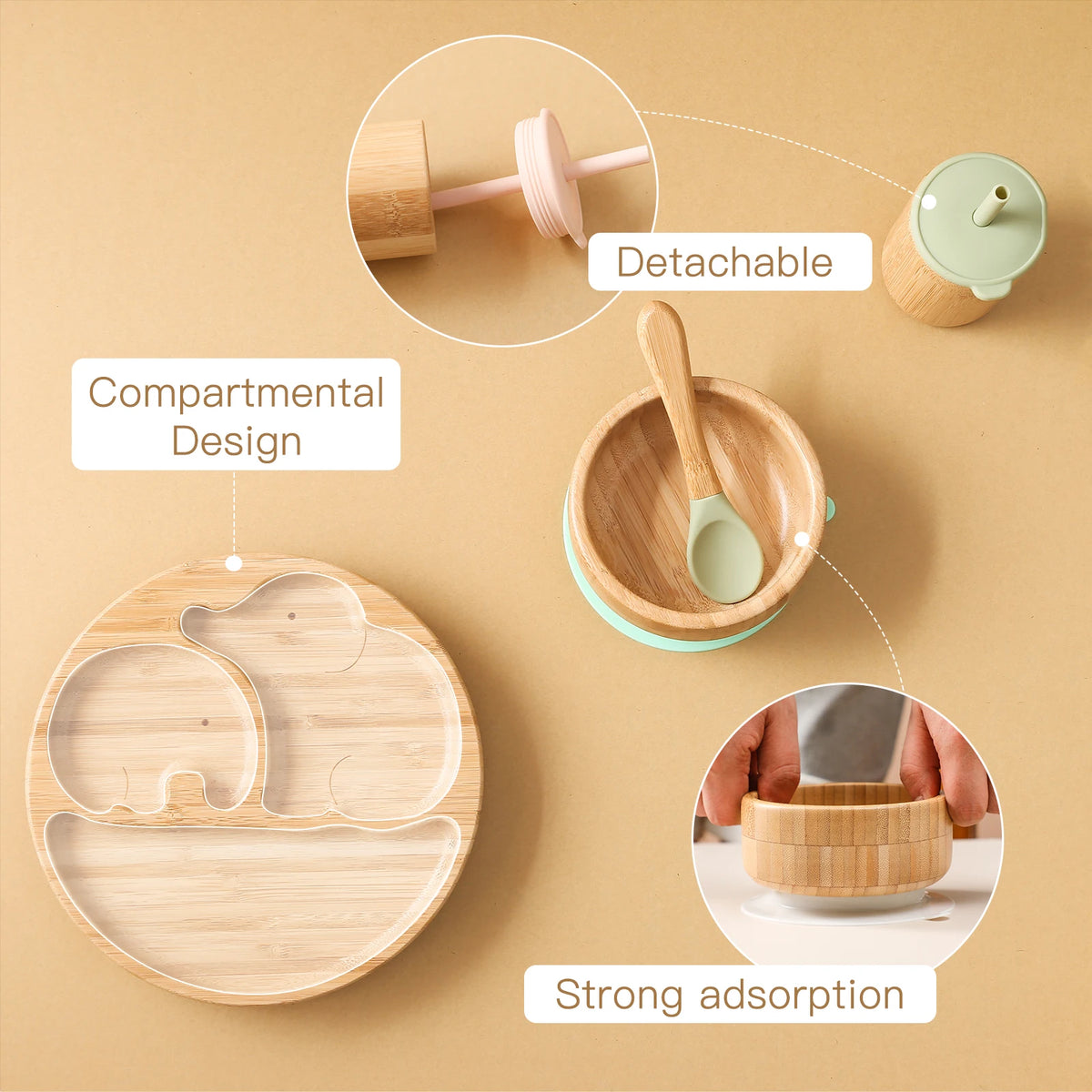 4pcs Children's Tableware Suction Plate Bowl Baby Dishes Baby Feeding Dishes Spoon Fork Sets Bamboo Plate for Kids Tableware