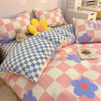 Kawaii Bedding Set Kids Adult Flat Sheet Duvet Cover Pillowcase Single Double Full Size Bed Linen Floral Cherry Home Textile