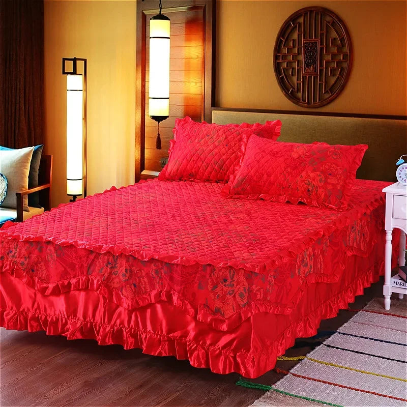 100% Cotton Thicken Quilted Bedspread King Queen Size Princess Lace Bed Skirt Pure Cotton Bed Cover Not Including Pillowcase