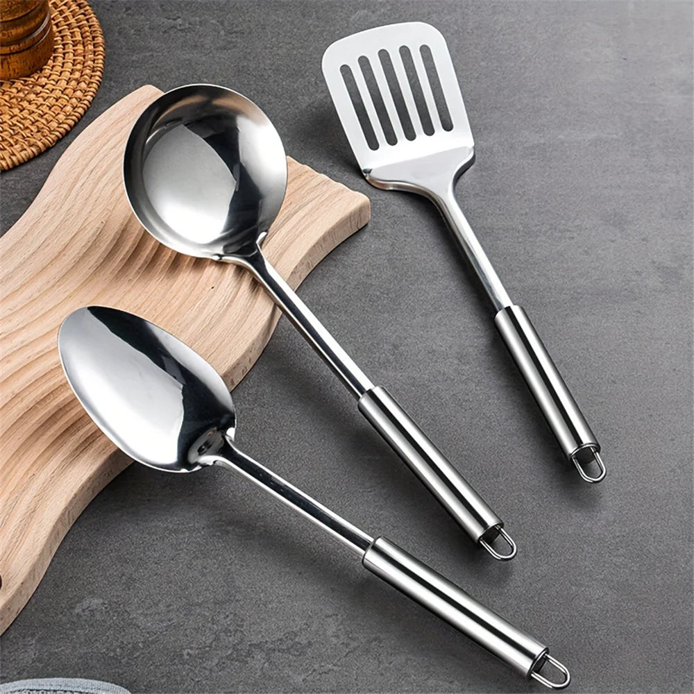 Stainless steel cookware set with lid, cooking spatula, soup spoon, complete set of kitchen utensils, multifunctional