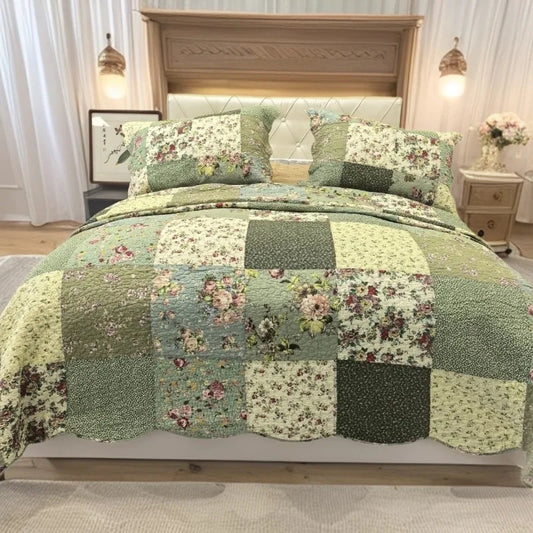 Vintage Patchwork 100% Cotton Quilt Set 3PCS Queen Size Floral Printed Bedspread & Coverlet Lightweight Comforter for Home Decor