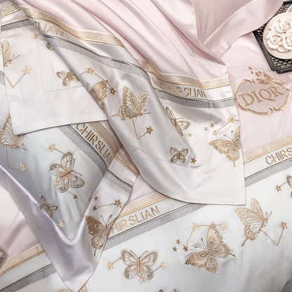 100% Cotton Bedding Set Luxury Golden Butterfly Embroidery Quilt/Duvet Cover Fitted Bed Sheet Sets Pillowcases Home Textile