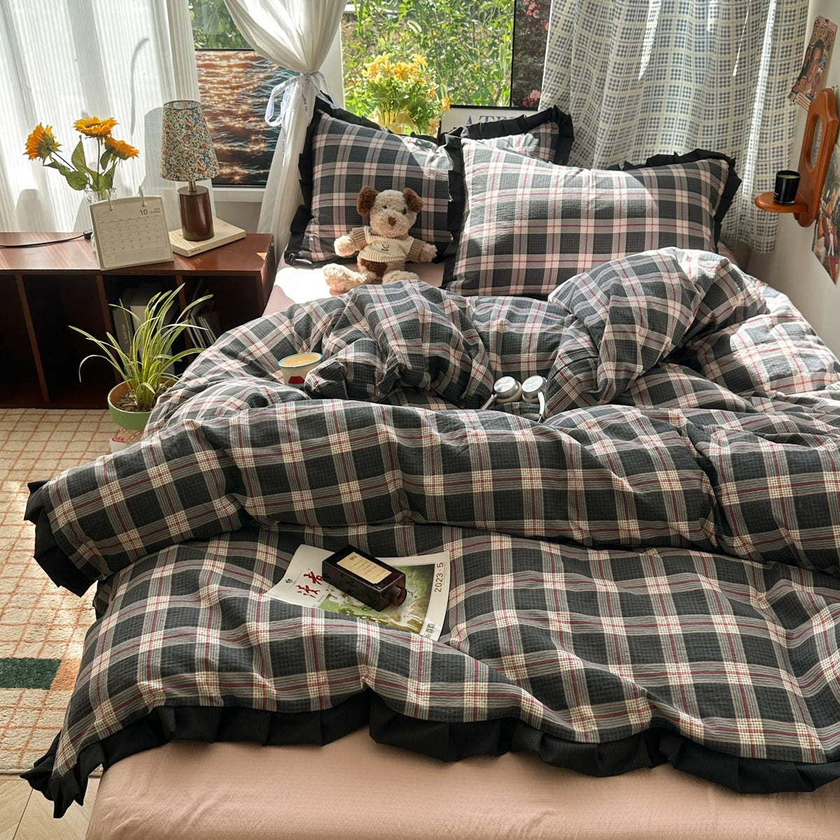 Plaid Bedding Set Double Yarn Classic Vintage Duvet Cover Set Flat Sheets Set 2 Pillowcases Single Twin Full Queen Size