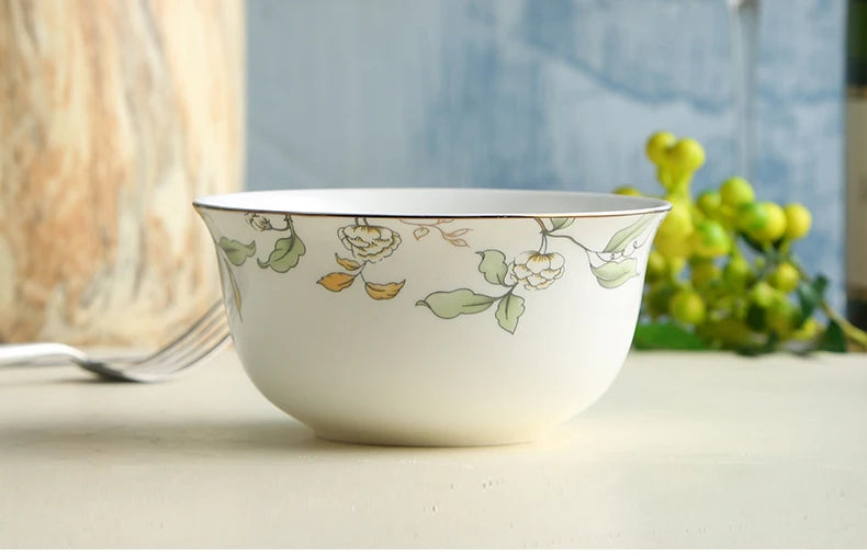 26-piece set, fine bone china porcelain dinnerware set, leaf paining, bowl and plate set, kitchen dinner serving, tableware gift