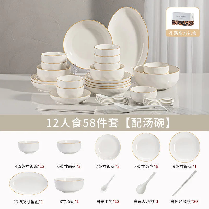 korean style white plates dinner sets ceramic gold rim 8 person dinner sets full set Casserole vajillas completa Bowl set