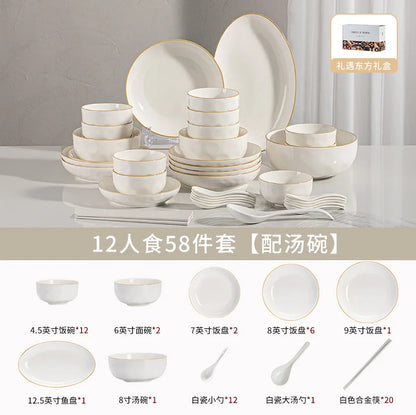 korean style white plates dinner sets ceramic gold rim 8 person dinner sets full set Casserole vajillas completa Bowl set