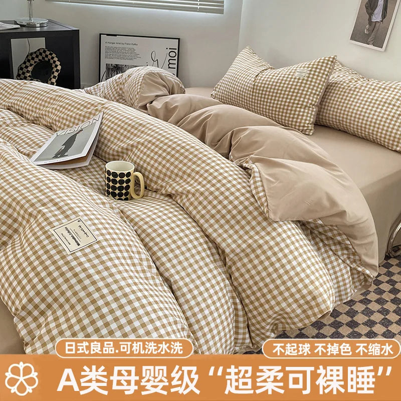 Bed Linen Sheets Duvet Cover Four-piece Set of Washed Cotton Bedding Quilt Covers Three-piece Set for Student Dormitories