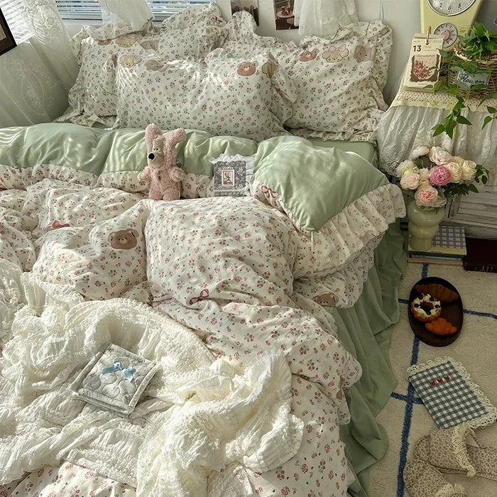 2025 new Korean Princess Style Floral Ruffles Bedding Set Skin-friendly Soft Duvet Cover Set Bed Sheet Or Bed Skirt Pillowcases