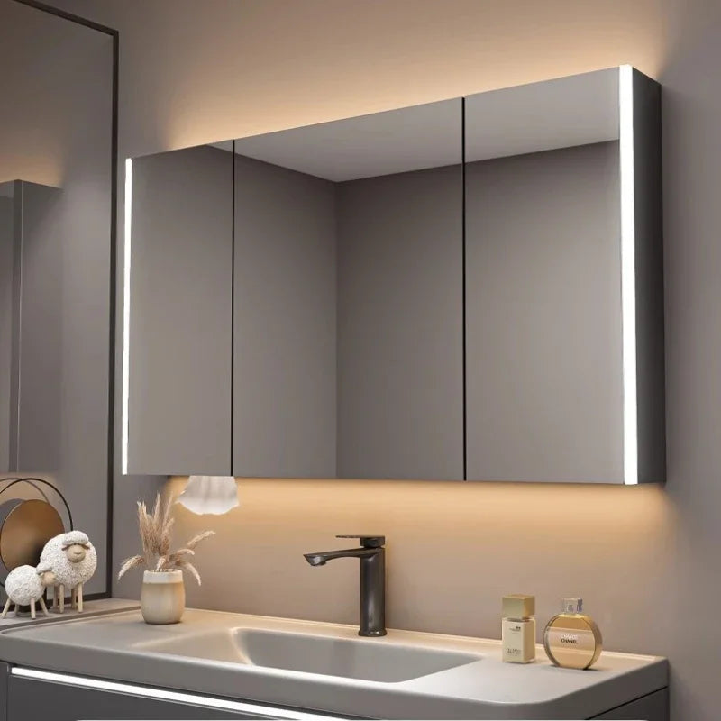 Bathroom Furniture Mirror Cabinet Modern Solid Wood Bathroom Smart with Light Defogging Beauty Mirror with Storage Locker