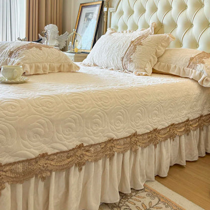 3/5Pcs Luxury Velvet Fleece Lace Ruffles Quilted Bedspread, Mattress Cover, Bed Skirt, Bed Sheet Set, With Pillowcases