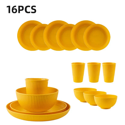 16Pcs Reusable Plastic Tableware Set Including Plates Bowls and Cups Suitable for Family Picnics and School Supplies
