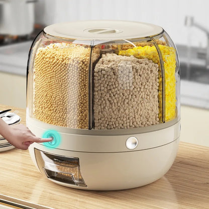 Rice bucket divided into grids, rotating, multi grid storage box for miscellaneous grains, household moisture-proof