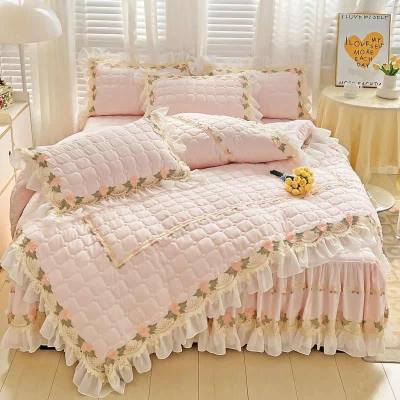 Pink Korean Princess Style Bedding Set Flowers Lace Ruffles Embroidery Quilted Thick Duvet Cover Bedspread Bed Skirt Pillowcases