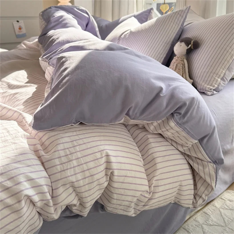 Ins Stripes 100% Washed Cotton Bedding Set with Pillowcase Bed Sheet Quilt Cover Single Double King Queen Size Duvet Cover Set