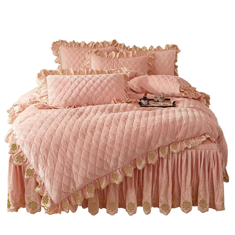 AI WINSURE-Luxury Embroidery Velvet Bedding Set, Quilted Skirted Bedspread with 2 Pillowcases, Queen Double Bed Duvet Cover, 4PC