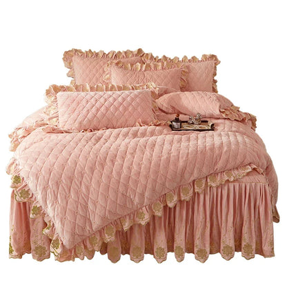AI WINSURE-Luxury Embroidery Velvet Bedding Set, Quilted Skirted Bedspread with 2 Pillowcases, Queen Double Bed Duvet Cover, 4PC