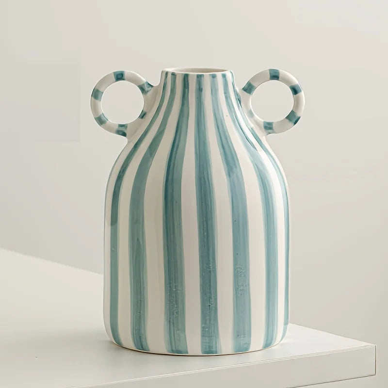 Decorative OrnamentsHand-Painted Ceramic Vase with Dual Handles - Striped, Cylinder Design for Living Room Decor, Earthenware