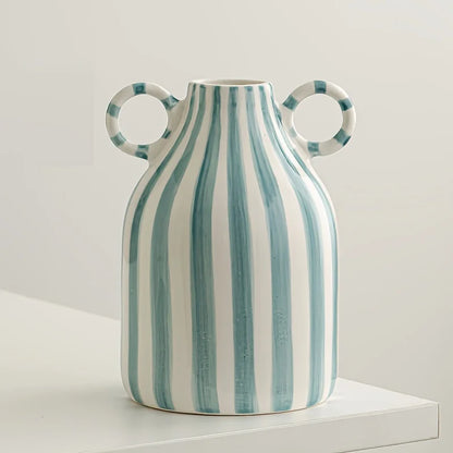 Decorative OrnamentsHand-Painted Ceramic Vase with Dual Handles - Striped, Cylinder Design for Living Room Decor, Earthenware