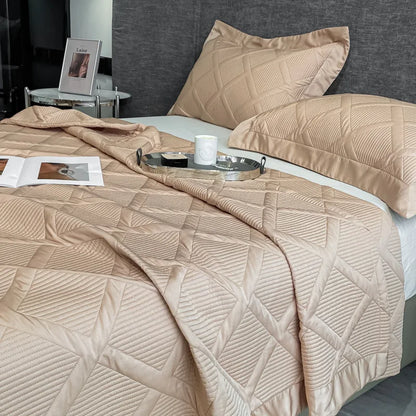 Silky Tencel Quilted Bedspread on the Bed, Cool Quilt, Lyocel 50, Quilted Blanket, Comforter, Double Queen Cover, Padded, Summer