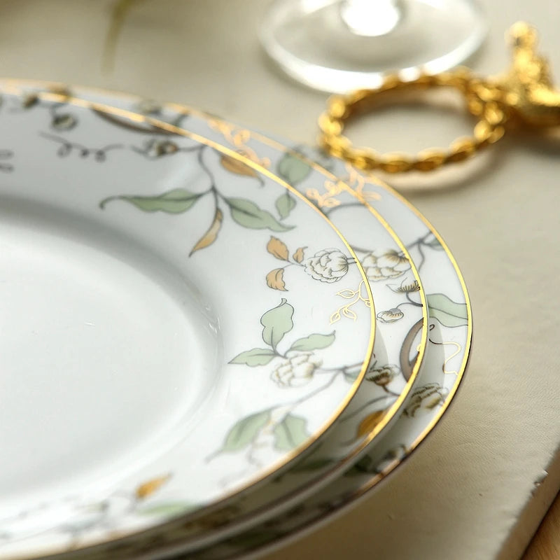 26-piece set, fine bone china porcelain dinnerware set, leaf paining, bowl and plate set, kitchen dinner serving, tableware gift