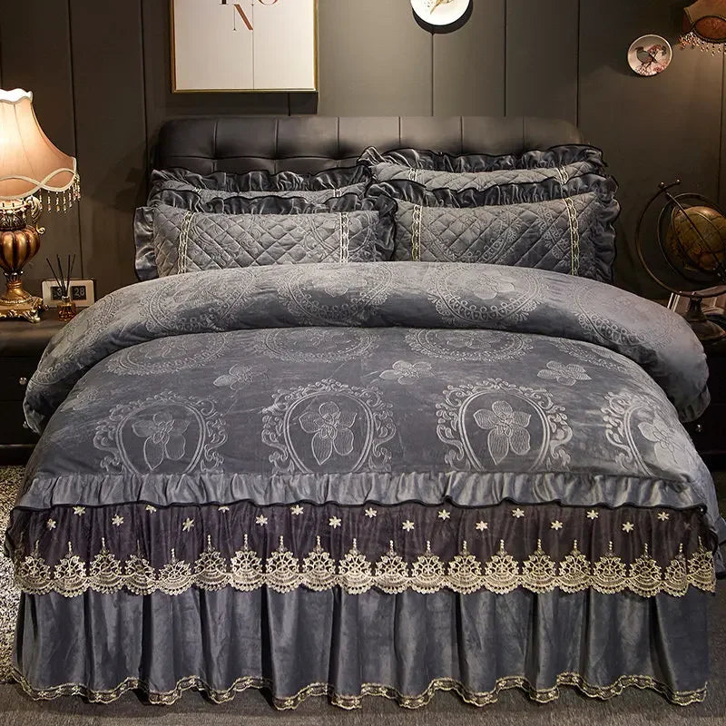 AI WINSURE-Europe Lace Velvet 4pcs Bedding Set, Embossed Duvet Cover, Quilted Bedspread, Soft, with 2 Pillowcases, for Winter