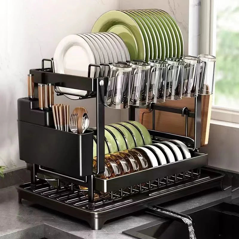 Dish Drainer Rack, Double-Layer Tray Storage Rack, Sturdy and Durable Cutting Board Rack and Utensil Rack, Can Be Used to Hold Cups, Pots, and Chopsticks, Suitable for Home Kitchens.