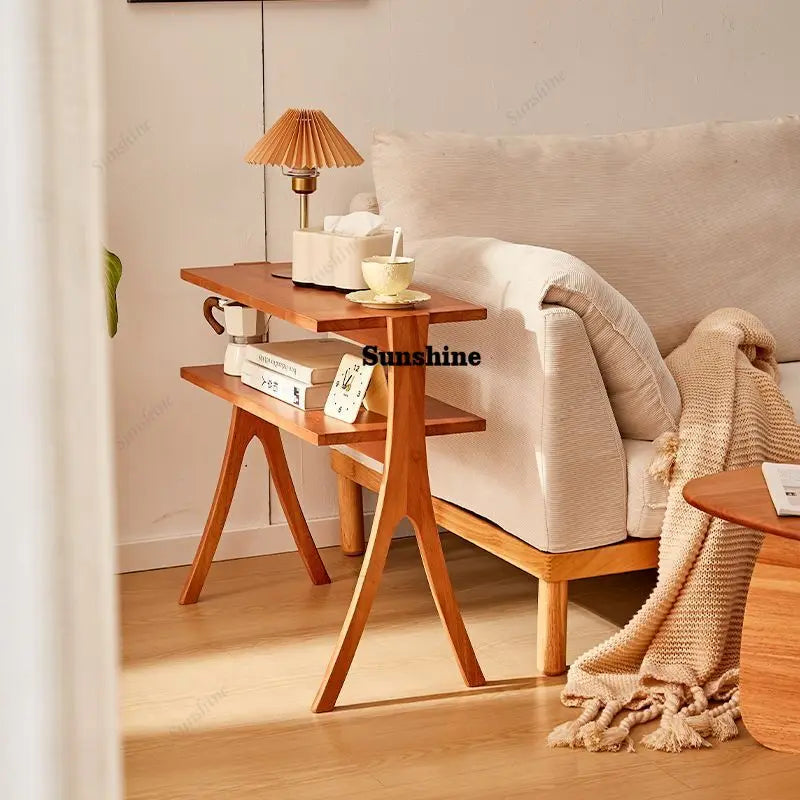Vintage Solid Wood Side Table & Bookshelf Set: Mid-Century Herringbone Flower Stand, Minimalist Study Table
