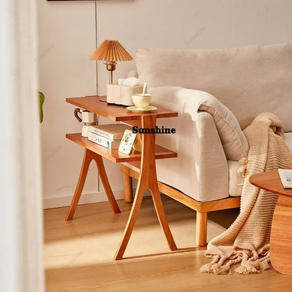 Vintage Solid Wood Side Table & Bookshelf Set: Mid-Century Herringbone Flower Stand, Minimalist Study Table