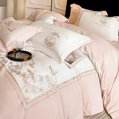Butterfly Embroidery Bedding Set Luxury 4pcs Egyptian Cotton Duvet Cover Set Flat/Fitted Bed Sheet Pillowcases Home Textiles
