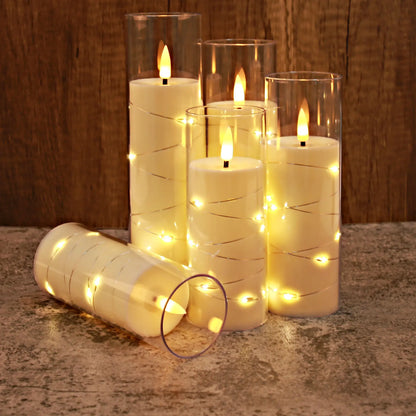 Flickering Flameless LED Candles 5 Pcs with Embedded Star String Acrylic Pillar Candle with Remote Suitable for Home Decrotion