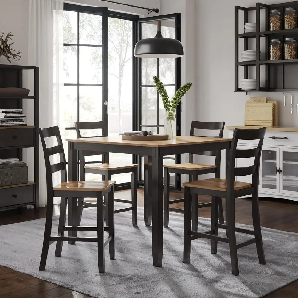 Light Brown and Dark Brown 5-Piece Dining Set with Counter Height Table and 4 Bar Stools