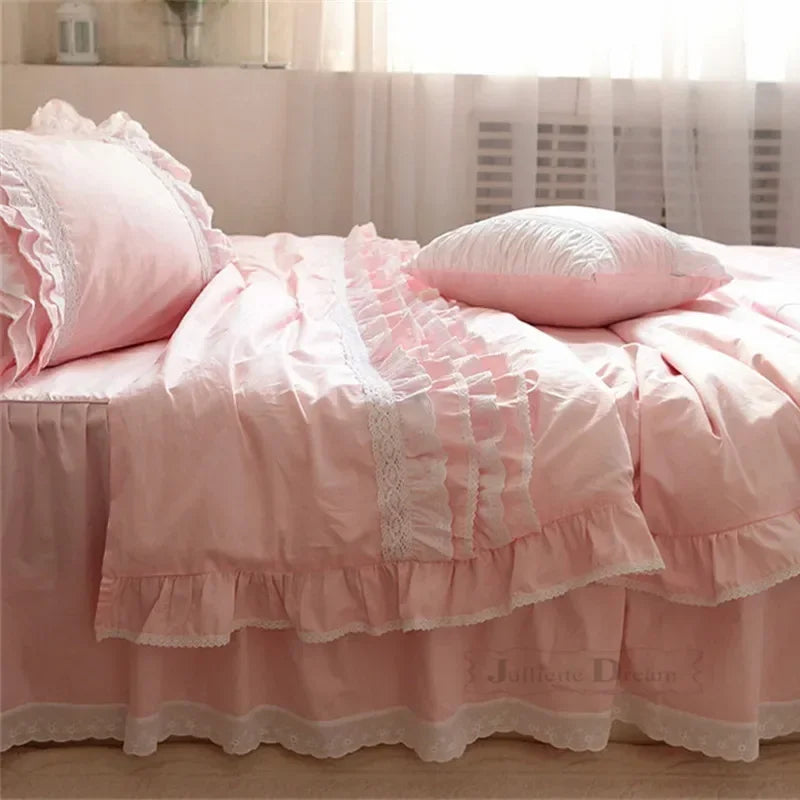 Pink Lace Bedding Set for Queen Luxury Embroidery Wedding Beddings Princess Ruffle Duvet Cover Handmade Bed Sheet Skirt Type