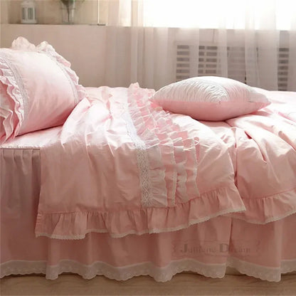 Pink Lace Bedding Set for Queen Luxury Embroidery Wedding Beddings Princess Ruffle Duvet Cover Handmade Bed Sheet Skirt Type