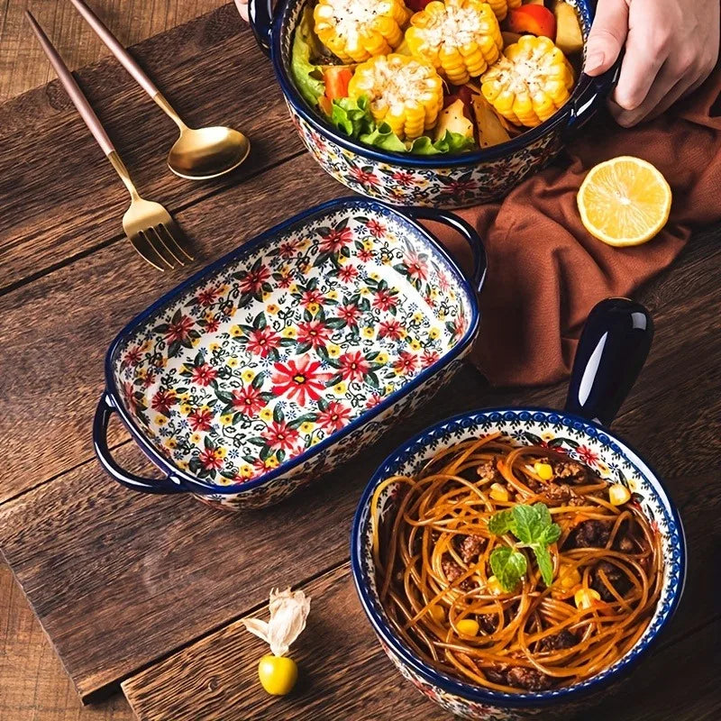 3-Piece Ceramic Baking Dish Set, Hand-Painted Floral Embossed Design, Oven & Microwave Safe Casserole for Cooking, Serving, Sala