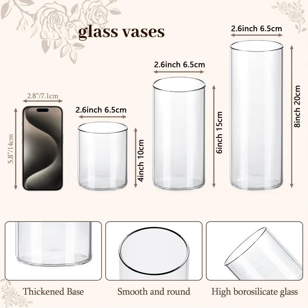 Glass Cylinder Vases 4/6/8 Inch Tall Clear Vases for Centerpieces Weeding Decoration, Clear Glass Flower Vases Hurricane