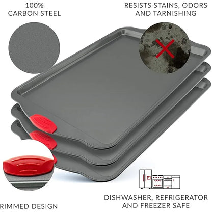 3-Piece Nonstick Kitchen Oven Baking Pans Premium Non-Stick Steel with Red Silicone Handles Restaurant Quality & Easy to Clean