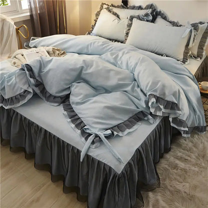 Korean Bed Skirt Bedding Sets with Ruffled Edges Thickened Princess Brushed Quilt Kit Solid Skin-Friendly Breathable Bedclothes