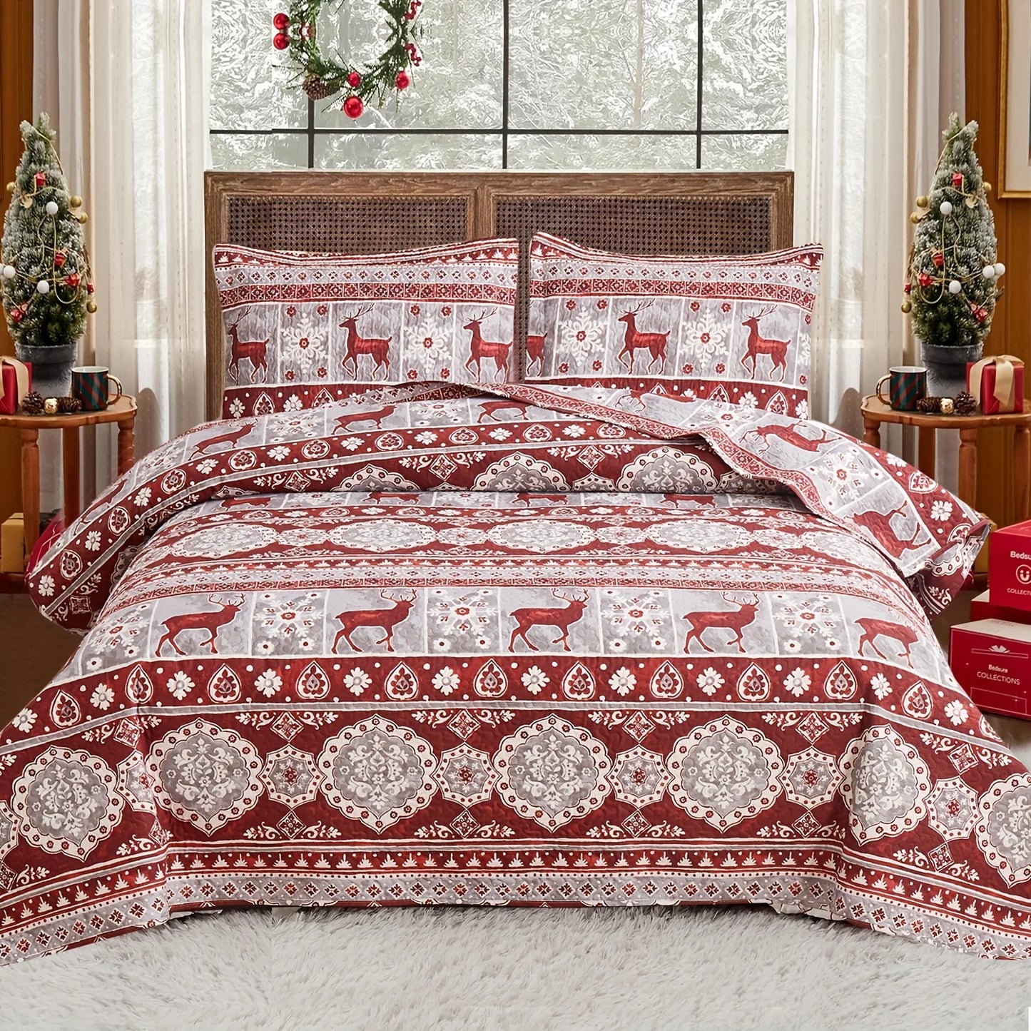 Christmas Quilt Cover Set Twin/Queen/King Size - Soft 100% Microfiber Lightweight Bedspread Coverlet with Festive Reindeer