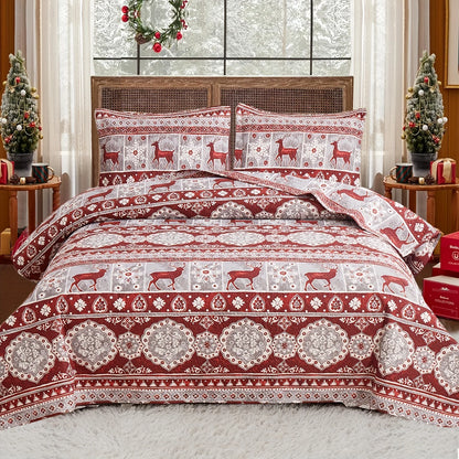 Christmas Quilt Cover Set Twin/Queen/King Size - Soft 100% Microfiber Lightweight Bedspread Coverlet with Festive Reindeer