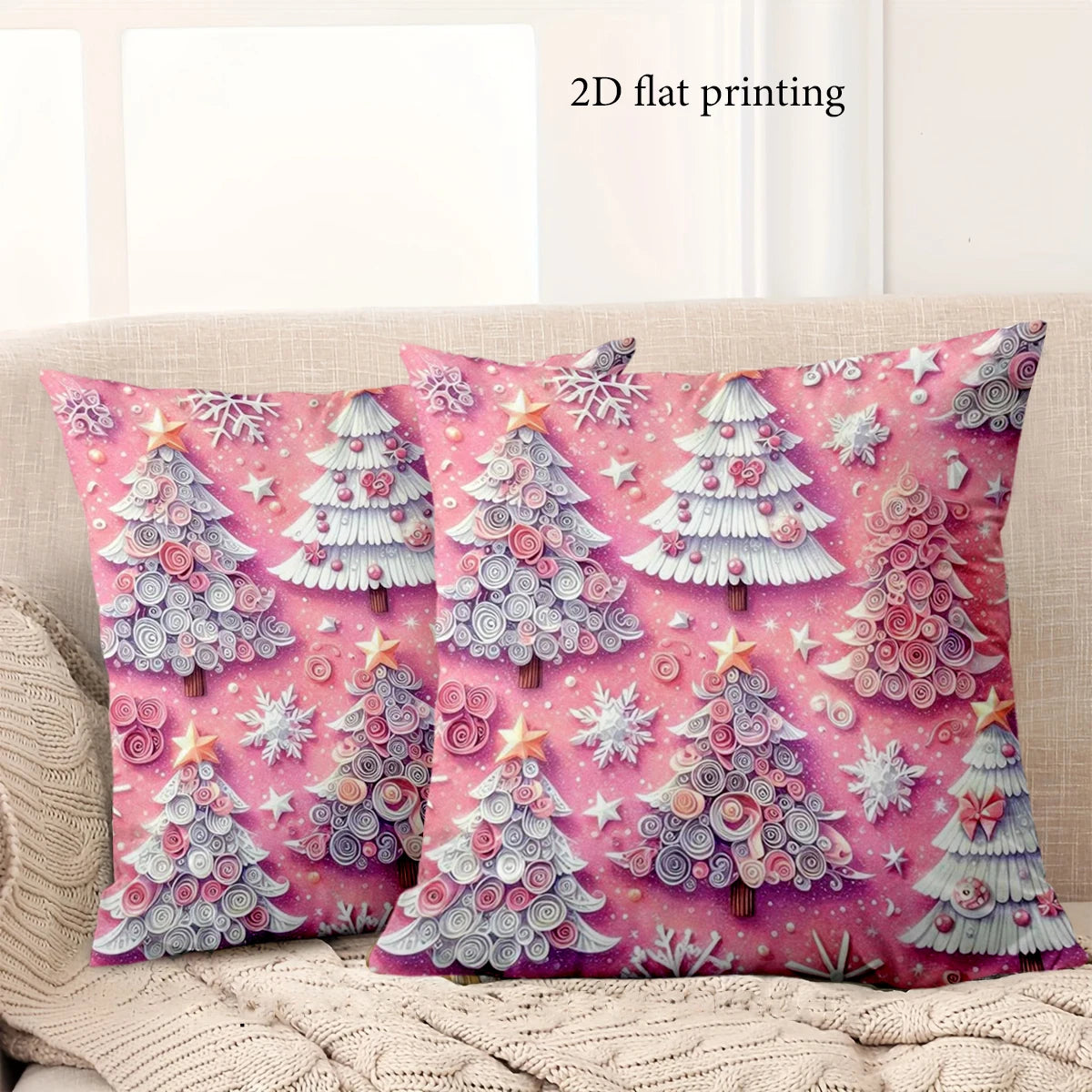 1 pieces -2D flat printing Christmas Tree Pattern Pink Decorative Throw Pillow Polyester pillowcase, sofa decorative cushion cov