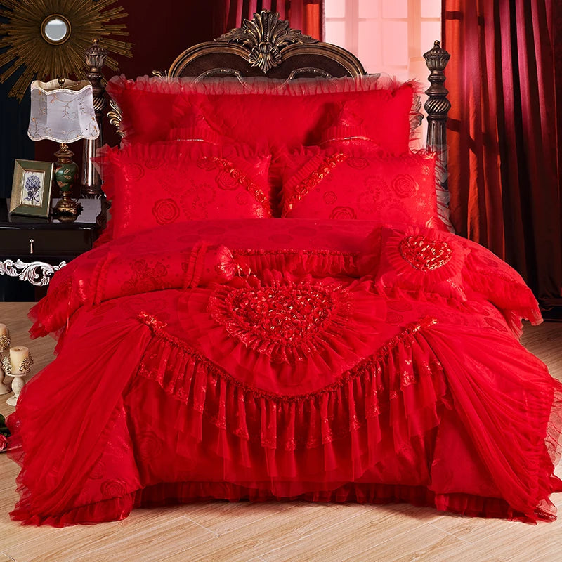 Red Jacquard Satin Cotton Bedding Set Luxury Heart-shaped Lace Princess Wedding Duvet Cover Bed Sheet Bedspread Pillowcases