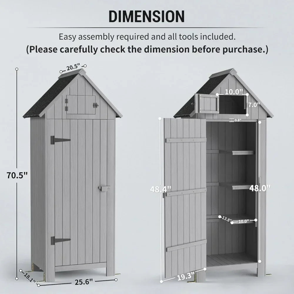 y Outdoor Storage Shed with Floor, 70” Tall Water-Resistant, Wooden Garden Tool Storages Cabinet, Outdoor Storage Room