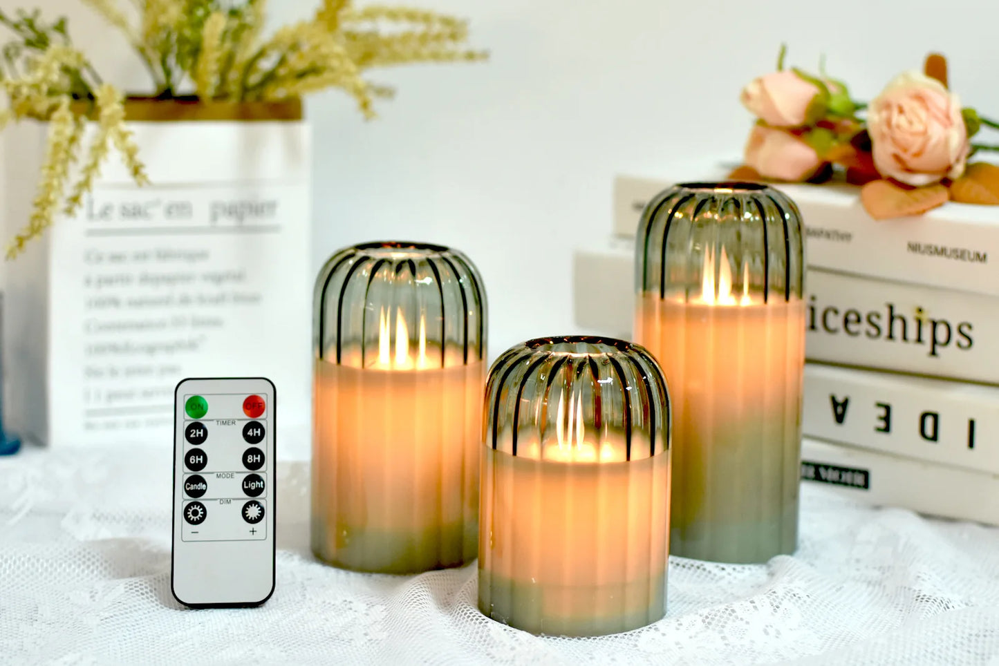 Flameless Candles with Remote, Set of 3 Glass Jar LED Candles  Φ 3" H 4" 5" 6", Candlelight for Home Fall Halloween Party Decor