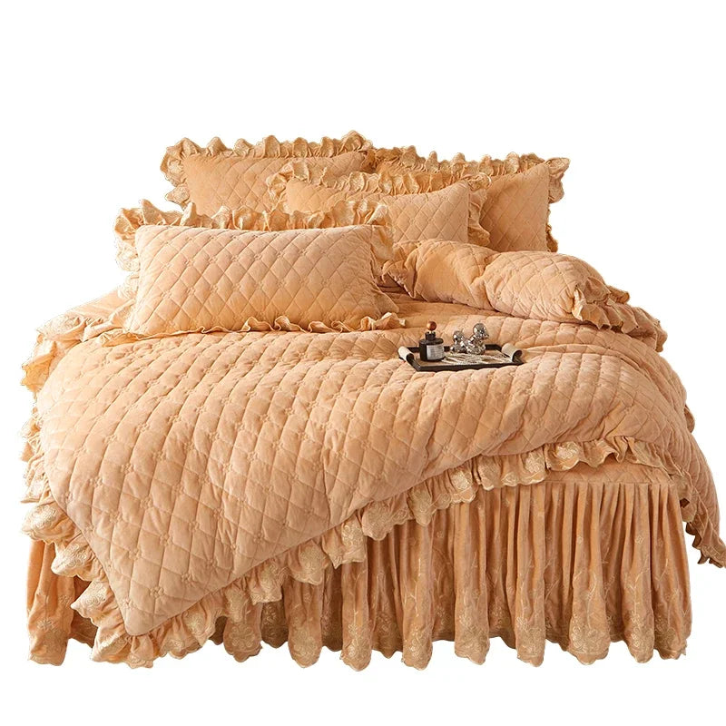 AI WINSURE-Luxury Embroidery Velvet Bedding Set, Quilted Skirted Bedspread with 2 Pillowcases, Queen Double Bed Duvet Cover, 4PC