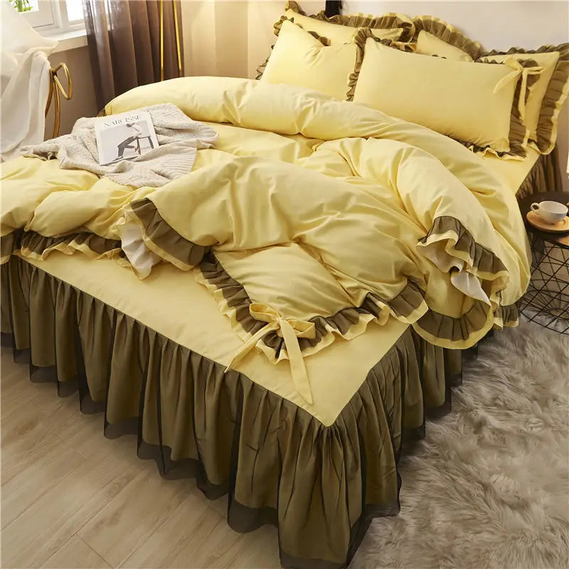 Korean Bed Skirt Bedding Sets with Ruffled Edges Thickened Princess Brushed Quilt Kit Solid Skin-Friendly Breathable Bedclothes