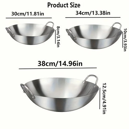 1pc Large Stainless Steel Wok, Uncoated Thick High-Quality Durable Chef'S Pan with Dual Handles, Easy to Clean for Commercial