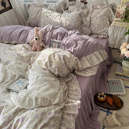 2025 new Korean Princess Style Floral Ruffles Bedding Set Skin-friendly Soft Duvet Cover Set Bed Sheet Or Bed Skirt Pillowcases