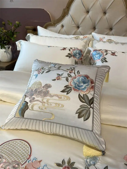 High Precision Brocade And Egyptian Cotton Peony Flowers Embroidered Bedding Set Duvet Cover Set Bed Sheet Bedspread Pillowcase