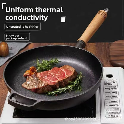Cast iron flat bottomed pan, non stick pan, uncoated steak frying pan, gas stove, iron pan, old-fashioned pancake pan